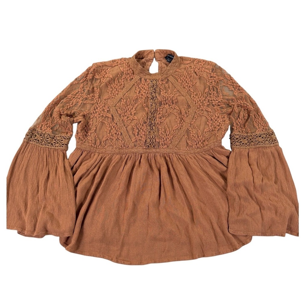 American Eagle Womens Small Rust Lace Peplum Blouse Bell Sleeve Boho Top